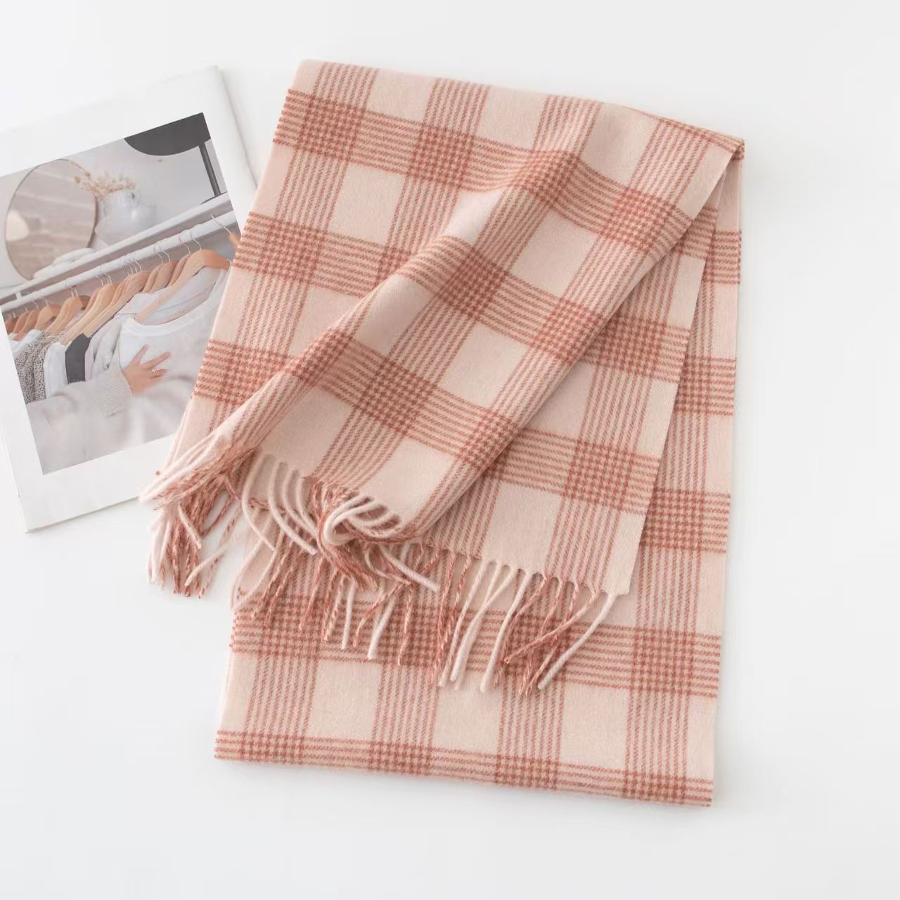 T866 New Autumn and Winter Plaid Wool Scarf Women's Versatile Tassel Fashion Warm Neck Comfortable 100% Real Wool Scarf