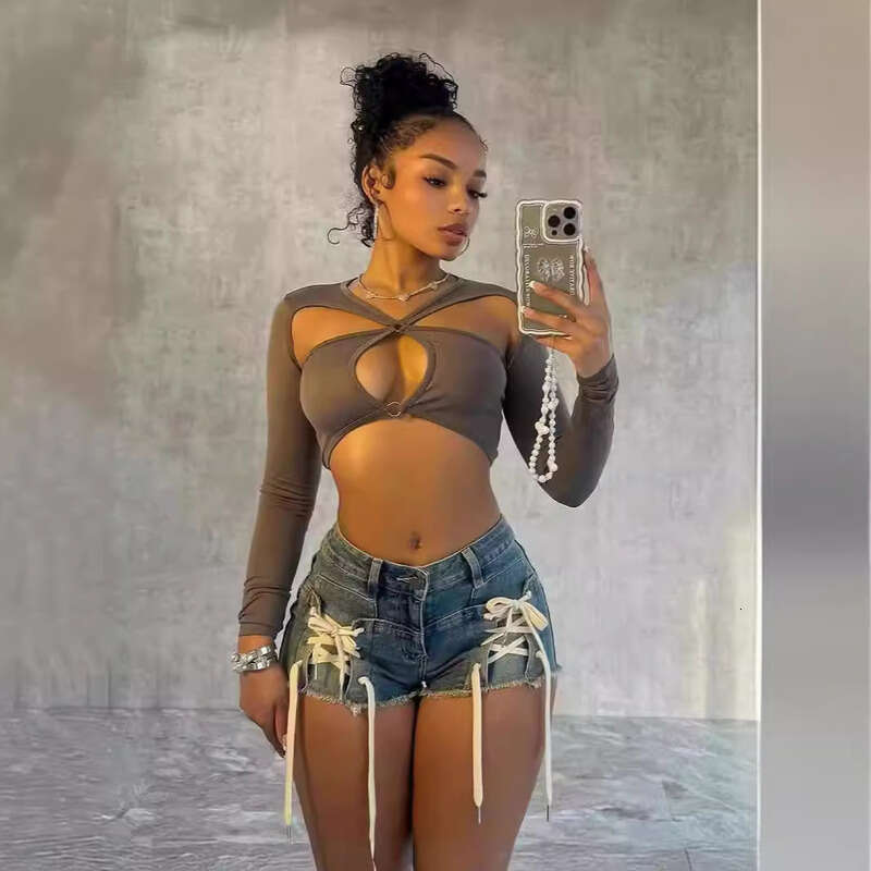 TK6313 New Women's Fashion Spring Summer Slim Fit Personality Tie Elastic Denim Shorts