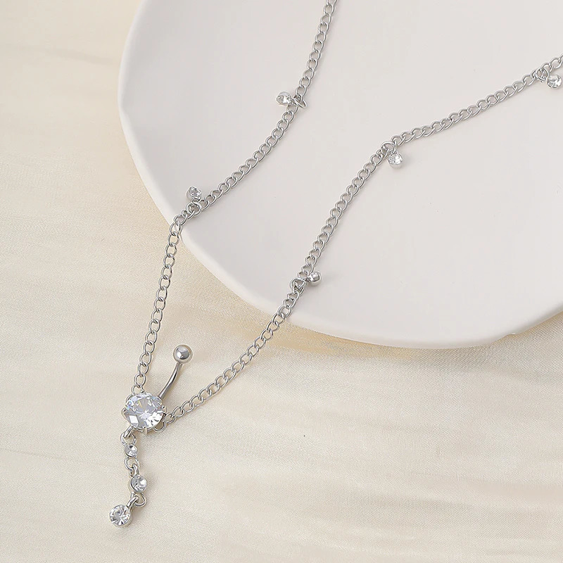 1pc Rhinestone Dangle Belly Button Ring With Waist Chain Drop Pendant Sexy Navel Piercing Red Crystal Waist Body Jewelry Women 250530