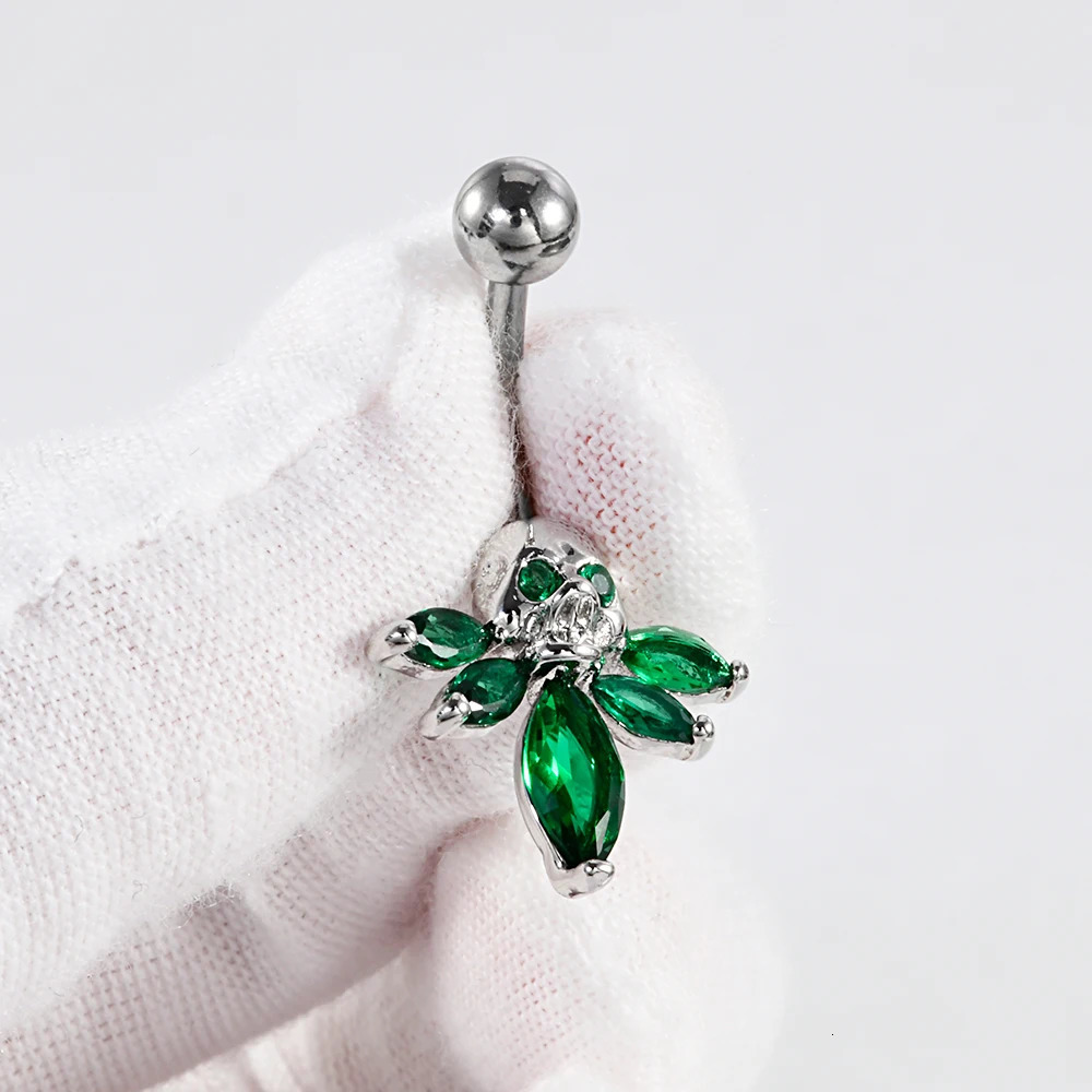 1PC Steel CZ Gems Fashion Belly Button Ring Green Zirconia Skeleton Navel Nail Punk Body Piercing Jewelry 14G 250530