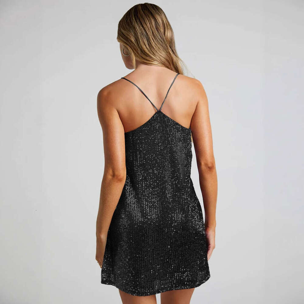 2025 Sequin Summer Backless Strap Women's V-neck Tank Beaded Short Dress 1062