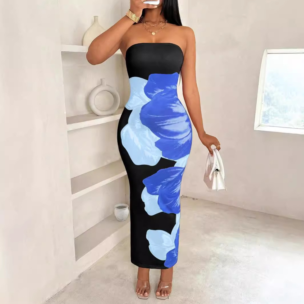Designer T Shirt New European And American Cross Border Shein Women S Slim Fit Off Shoulder Color Block Floral Print Elegant Fashion Dress Essentials 