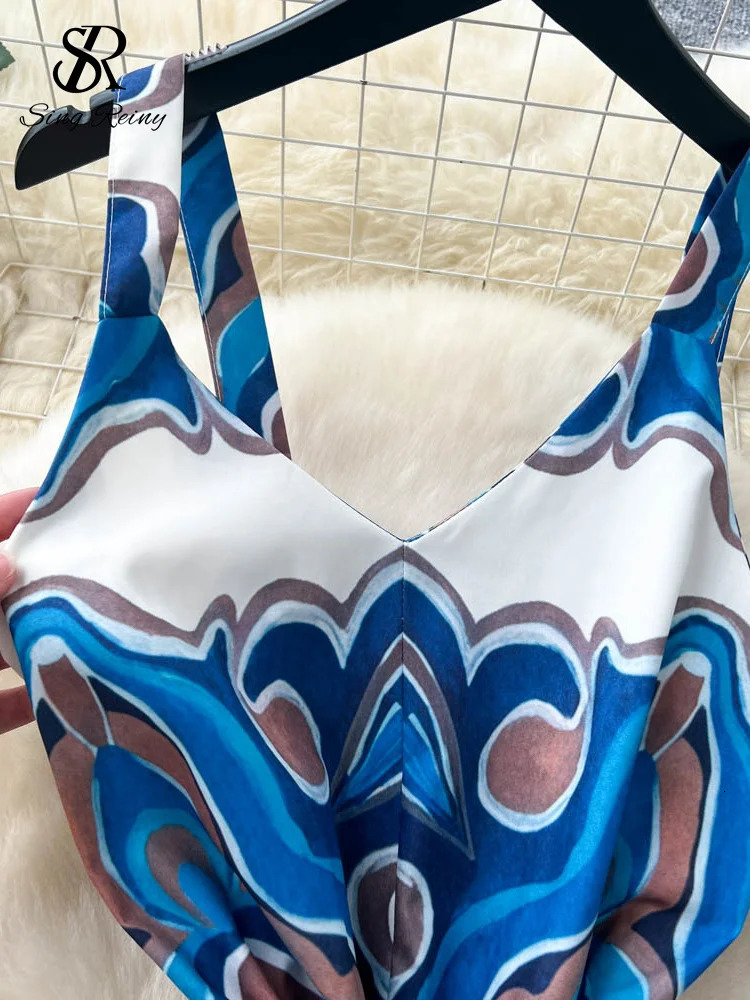 SINGREINY Senior Vintage Long Jumpsuits Female Strap Sleeveless Lace Up Skinny Backless Chic Summer Retro Beach Print Rompers 250530