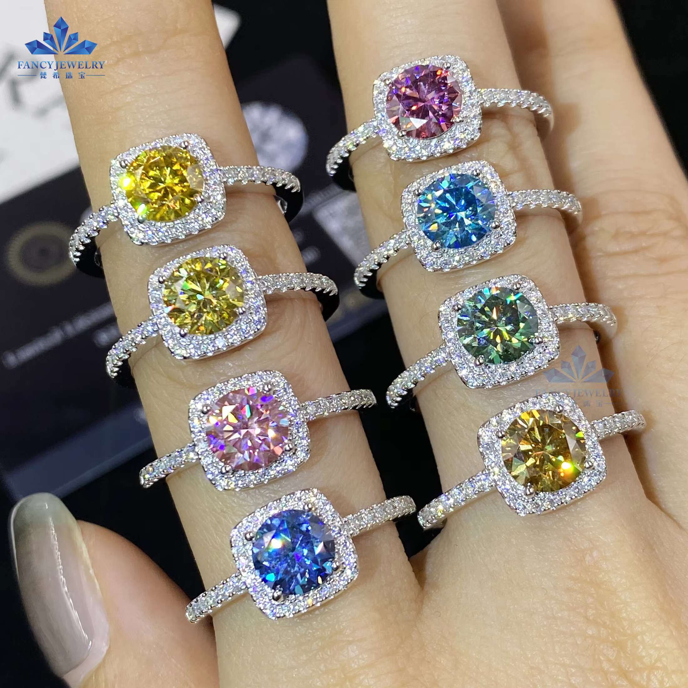 Iced Out Diamond Wedding Ring 1CT 6.5mm Pass Diamond Tester Blue Red Yellow Green Black K Gold Plated Moissanite halo Ring