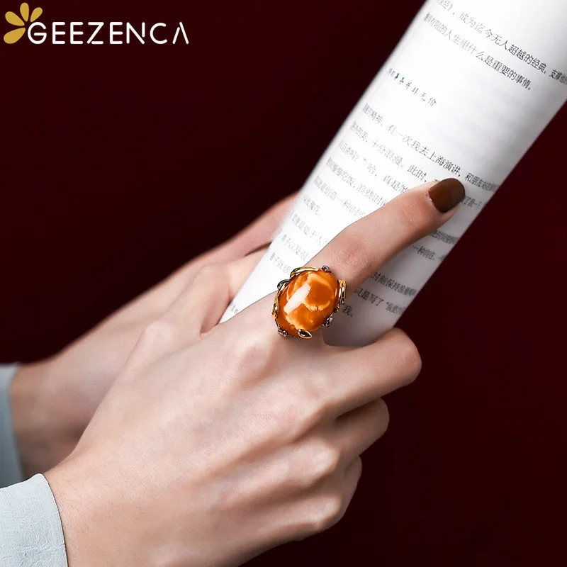 GEEZENCA Natural Amber 925 Sterling Silver Leaf Womens Ring Simple Oval Gemstone Adjustable Ring Female Gift 250526