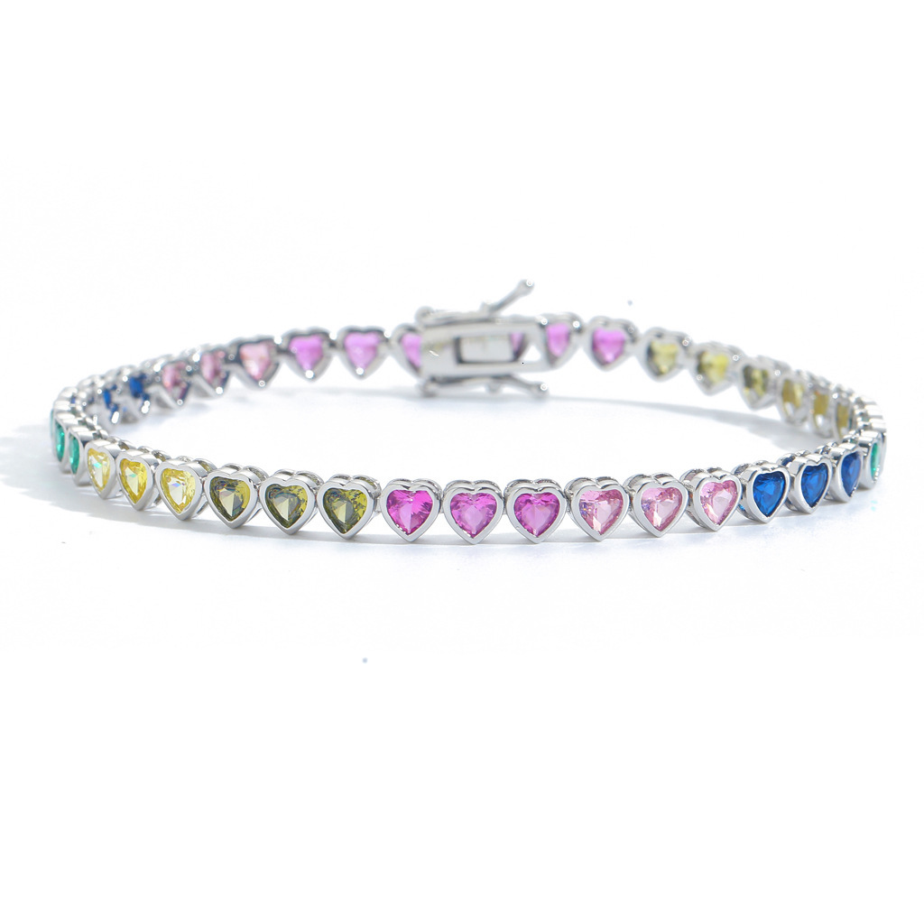 Mesa New Hip Hop Colorful Love Tennis Chain Rainbow Moissanite Personalized Trendy Hip Hop Bracelet Heart shaped moissanite