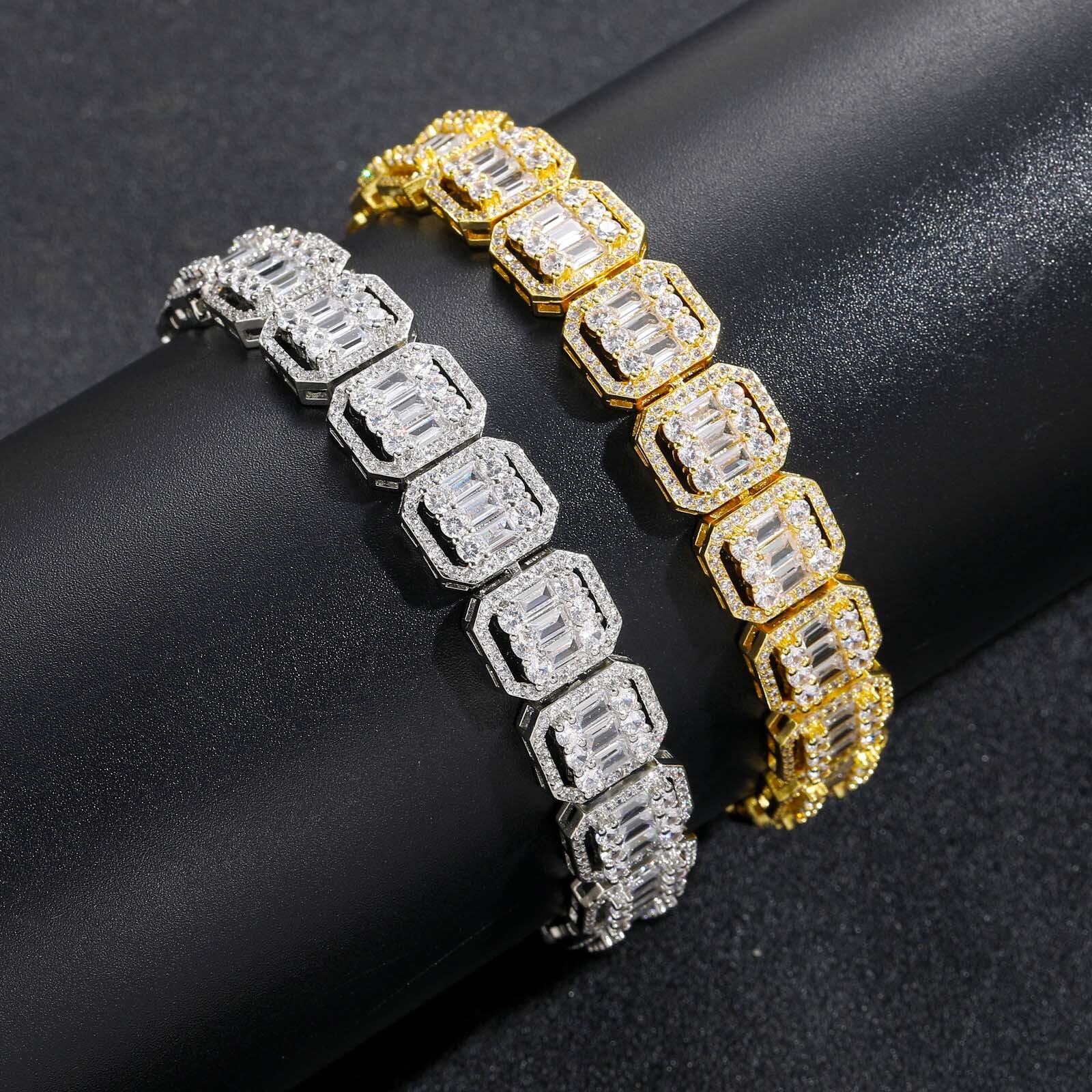 Hip Hop Mens Bracelet 13mm Wide Rock Sugar Chain Flip Cap Square Diamond Round Diamond Mixed Inlay Hollow Neck Chain Nine Palace Grid Chain moissanite