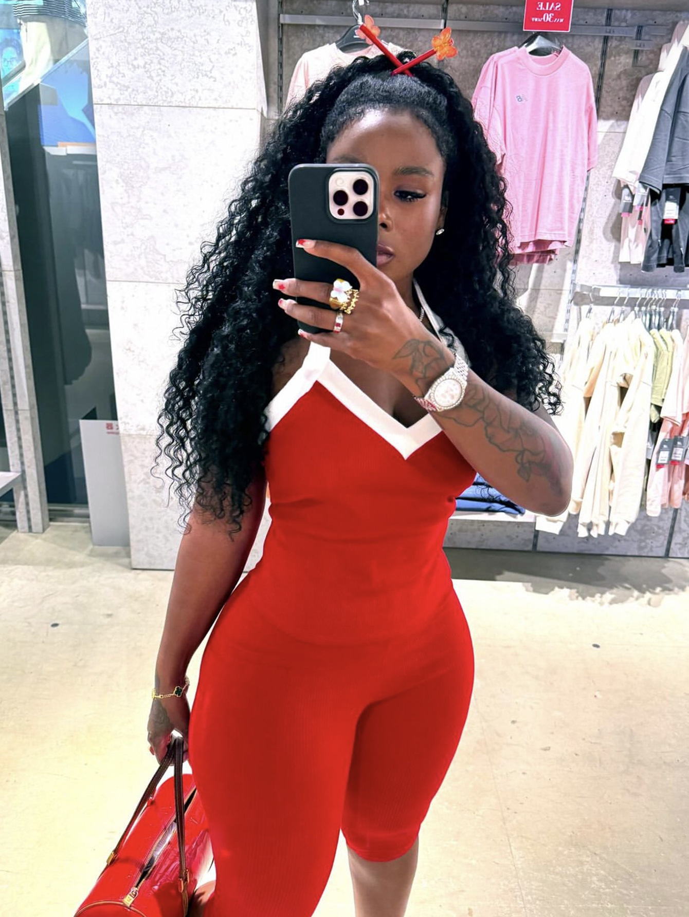 Designer T Shirt Summer European And American New Fashion Elastic Color Block Halter Vest Top Tight Fitting Mid Length Pants Set For Women Essentials 