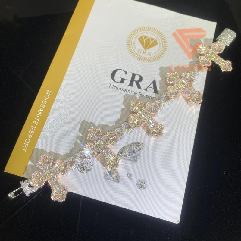 Jewelry Iced Out Hip Hop Infinity Cuban Link Bracelet 925 Silver VVS Moissanite Cross Cuban Bracelet Baguette Cross Chain