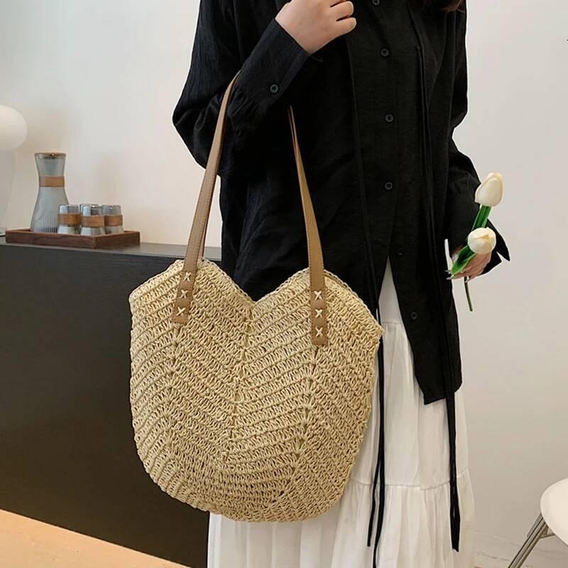 2025 New Handmade Fashion Straw Women's Shoulder Bag with Bow Scarf Suitable for Travel Beach Designers, Girls' Shopping Bag, Female Style