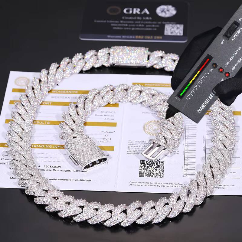 Hip hop men's jewelry pass tester 18mm ice out silica Cuban chain necklace with GRA certificate