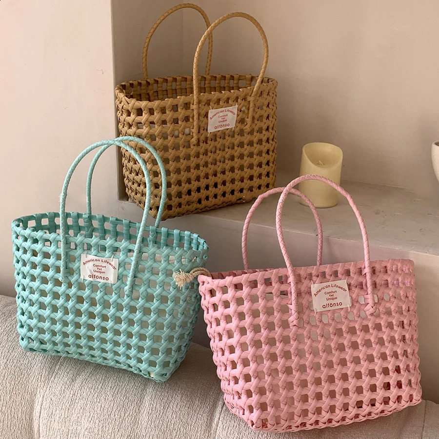Summer Ins Woven Beach Bag Label Woven Storage Vegetable Basket Korean Vacation Travel Picnic Candy Color Women Beach Handbag 250530