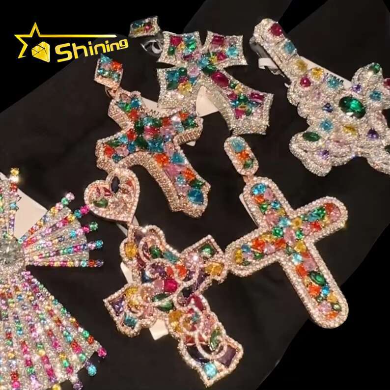 Charm Hip Hop Jewelry 925 Sterling Silver Prong-Set Multi-Gems VVS Moissanite Color Diamond Iced Out Custom Cross Pendants