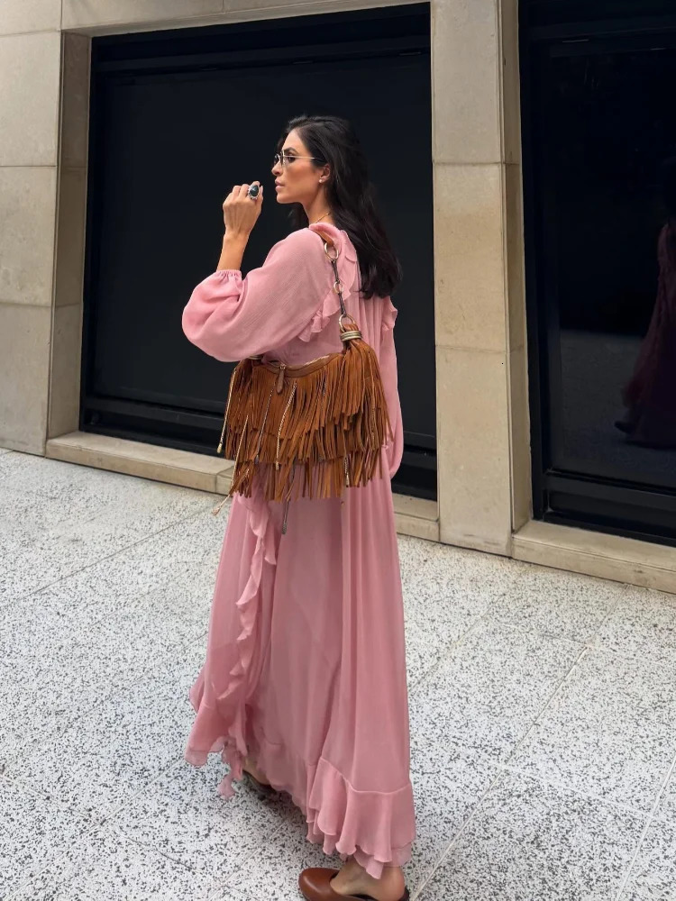 Elegant Solid Multiple Flounces Lace Up Dresses Chic Loose V Neck Full Sleeve Robes Lady Summer Commute Vacation Gown 250529