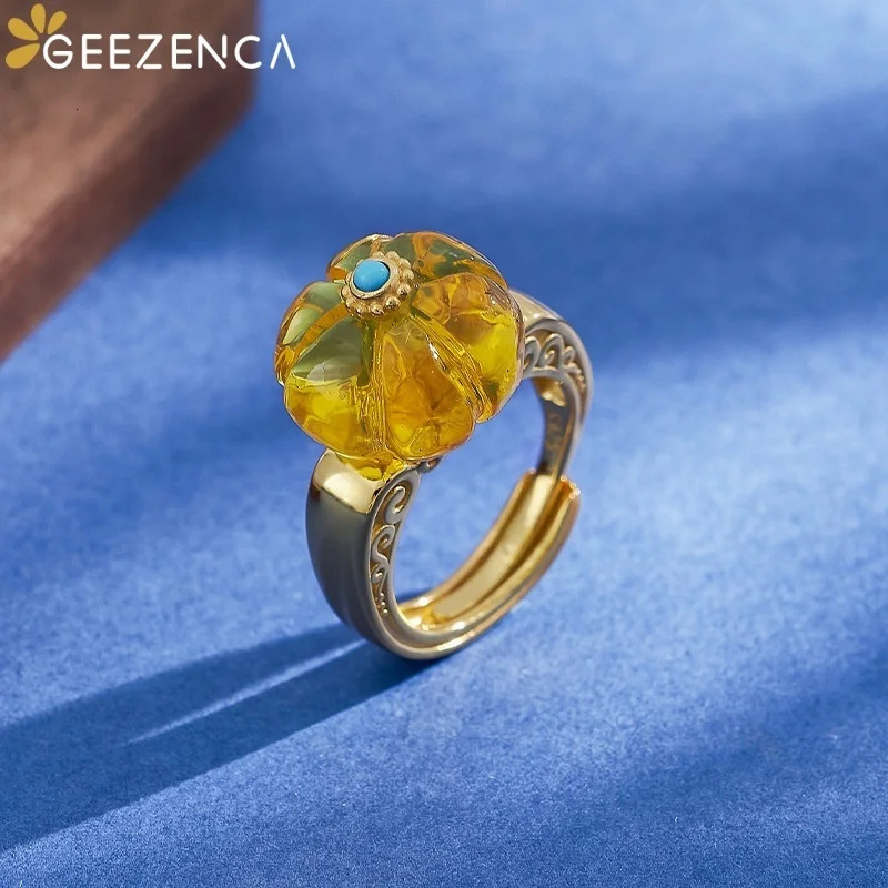 GEEZENCA Cloudy Amber S925 Silver 18K Gold Turquoise Open Ring Women Pumpkin Shape Delicate Dainty Statement Rings Love Gift Her 250526