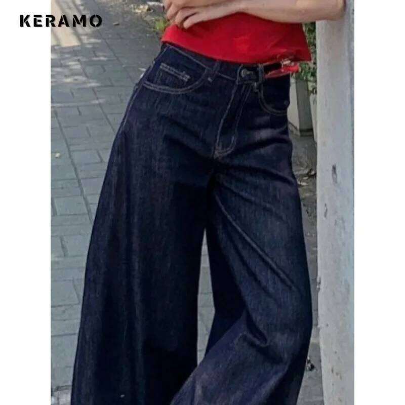 Women's Y2k Solid Color Denim Trouser Washed Vintage Casual Classic Emo Pants Female Grunge Waist High Street Retro Jeans