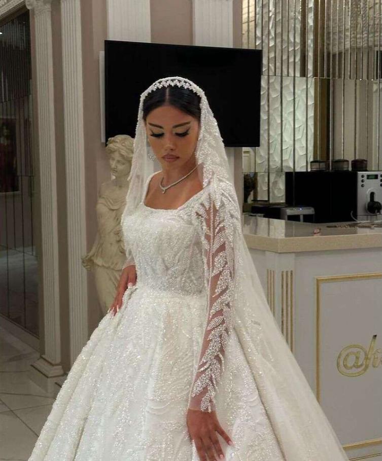 Modest Square Neck Bridal Dress Sparkly Sequins Beads Wedding Gown Luxury Sheer Long Sleeves Ball Gown Bride Robe Customized Vestido De Novia 0602