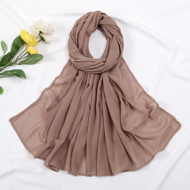 K898 New Malaysian curved edge lace headscarf elegant style female tooth edge pearl chiffon solid color scarf wholesale