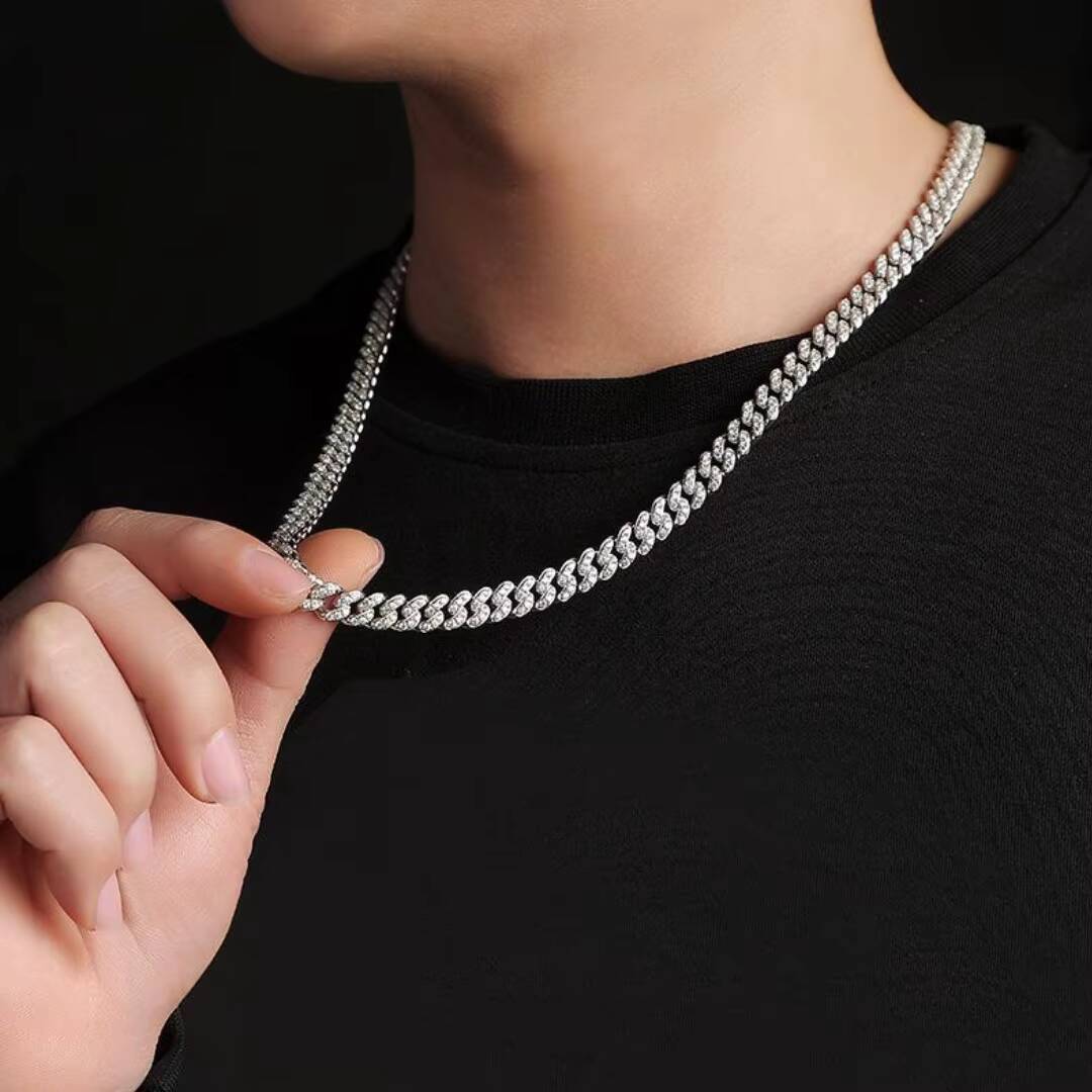 Pure Sier Chrysoprase Iced Out Cuban Chain Necklace Bracelet for Men and Women Platinum Plated VVS D Color Hip Hop