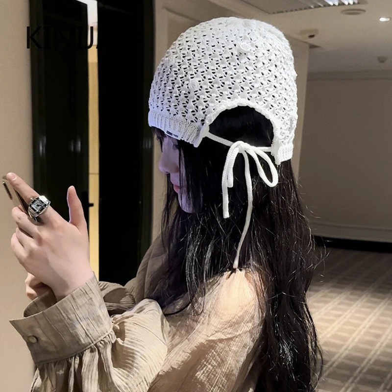 Korean Hand-crocheted Rose Knitted Hat Spring and Summer Simple Hollow Lace-up Temperament Beanie Cap 250530