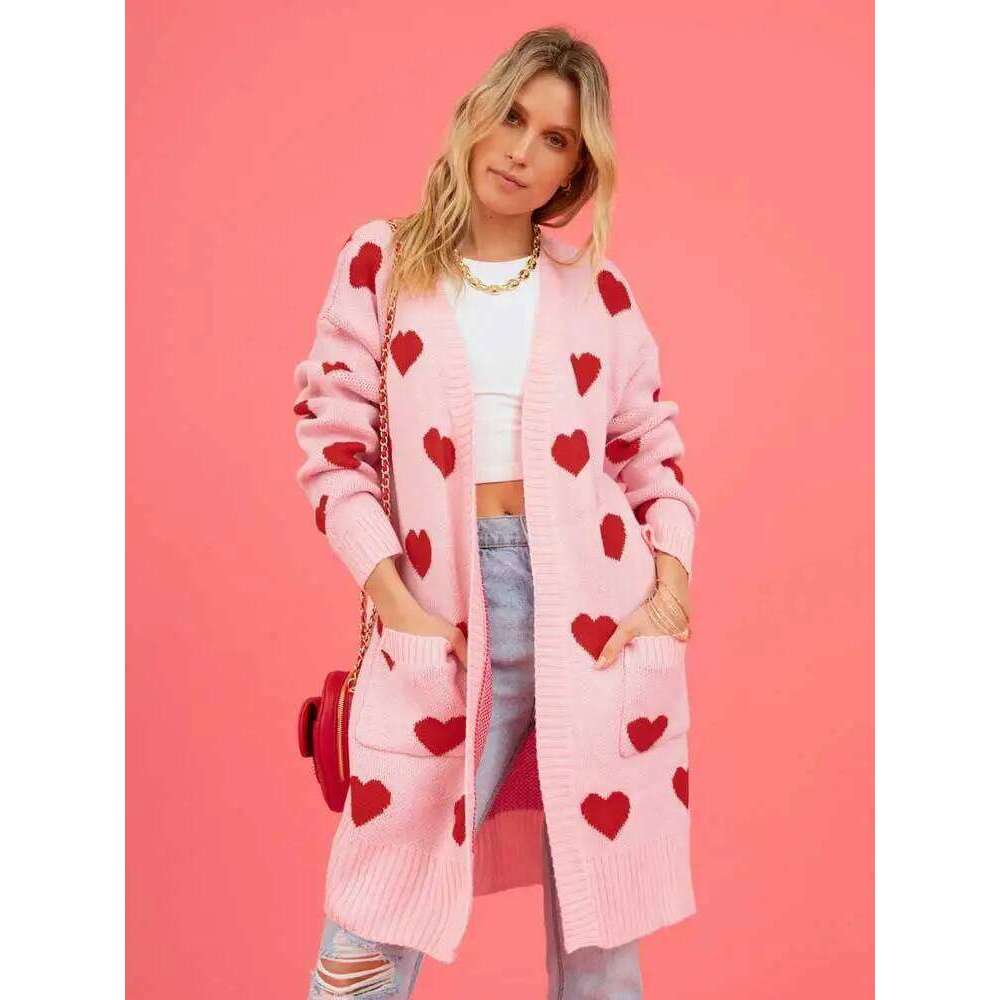 Boho Inspired Jacquared Hearts Women Long Sleeve Knitted Sweater New Autumn Winter Pink Cardigan Coat