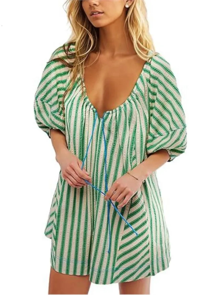 Summer Beach Rompers For Women Casual Loose Striped Puff Short Sleeve Adjustable Neck Wide Leg Shorts Jumpsuit With Pockets 250528