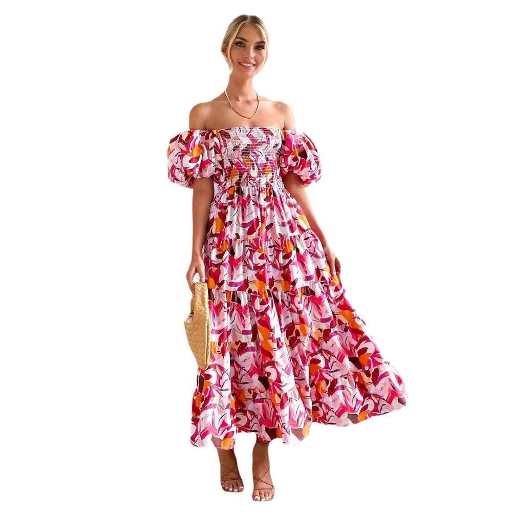 Summer European and American bubble sleeves vacation slimming long skirt spicy girl high waist one shoulder printed dress for women 2025 temperament v