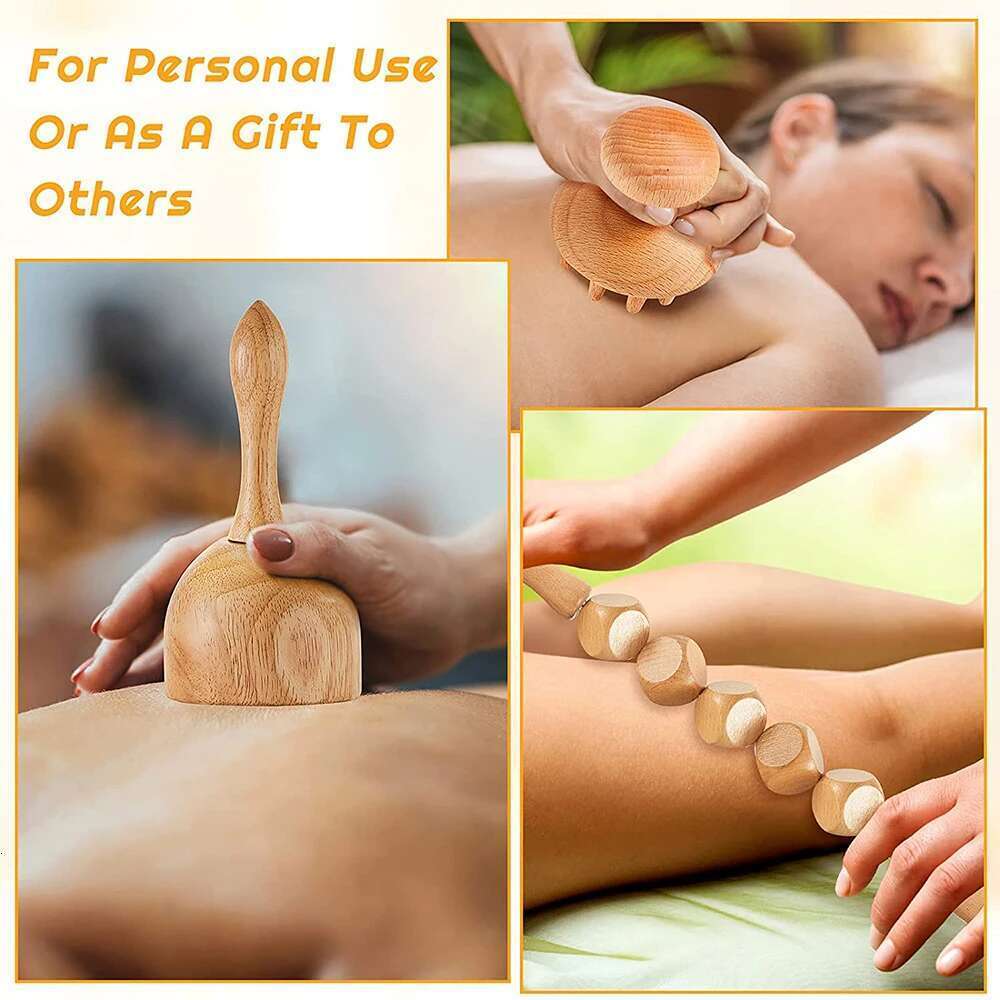 6 In 1 Wood Therapy Tool Lymphatic Drainage Massager Anti Cellulite Fascia Massage Roller For Full Body Muscle Relaxatio