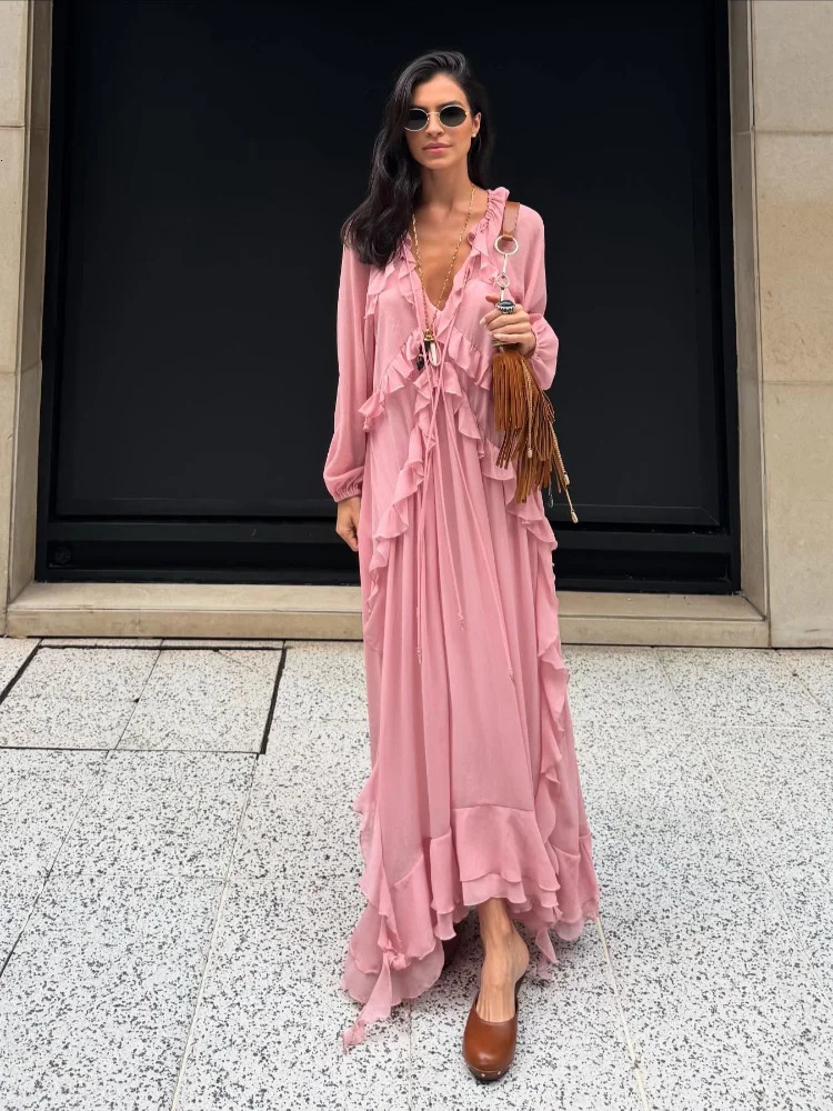 Elegant Solid Multiple Flounces Lace Up Dresses Chic Loose V Neck Full Sleeve Robes Lady Summer Commute Vacation Gown 250529