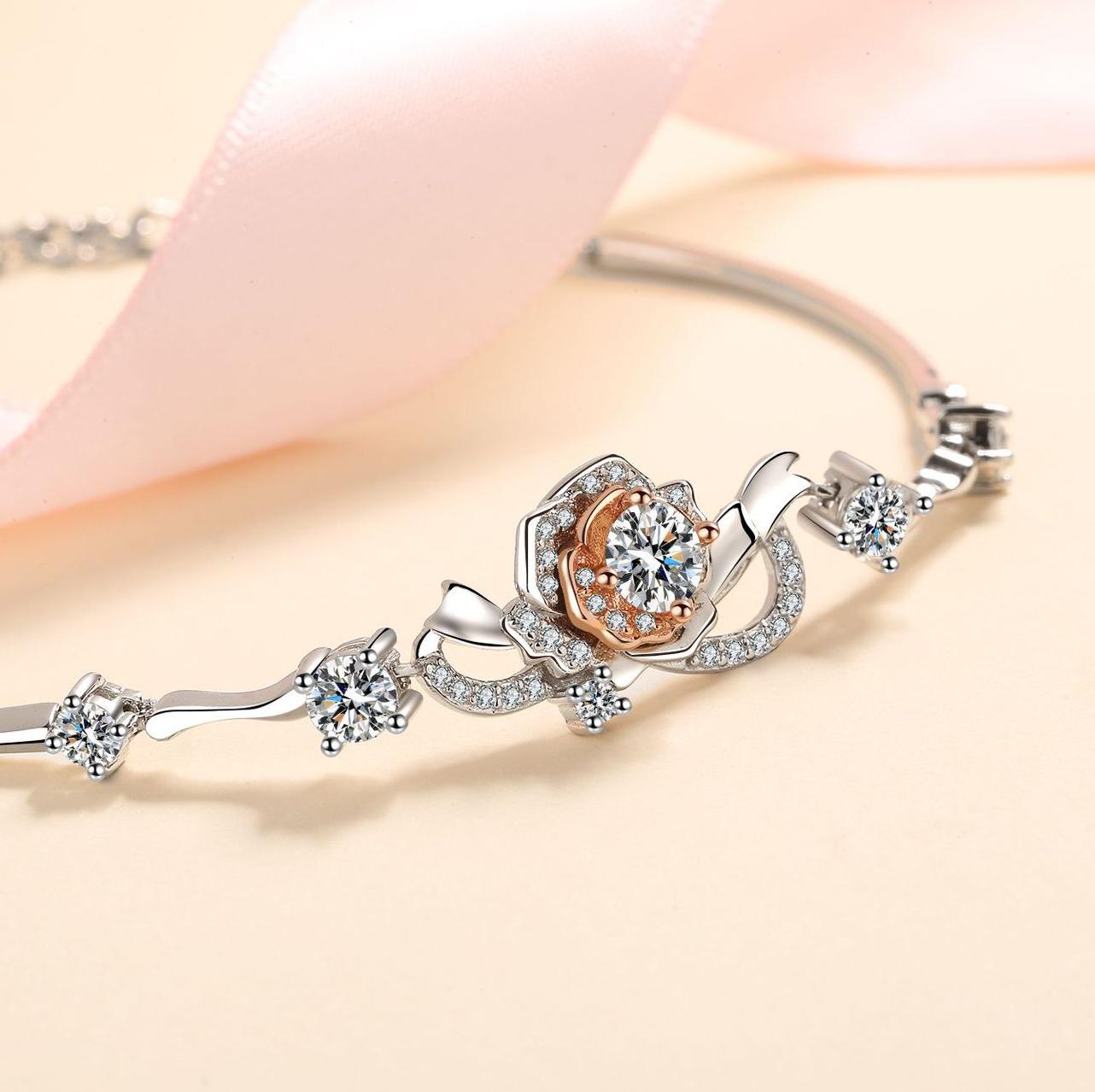 925 Sterling Silver Rose Flower Bracelet with Moissanite Inlay, Elegant and Adjustable for Women, Perfect for Gift and Daily Wear.