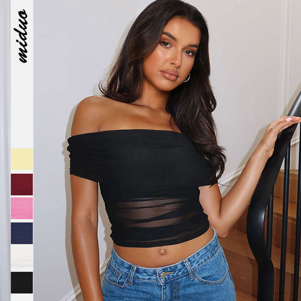 Sexy Women's Lightweight Mesh Off-Shoulder Short Sleeve T-Shirt Early Spring New Sheer Design Sense Tube Top 1062