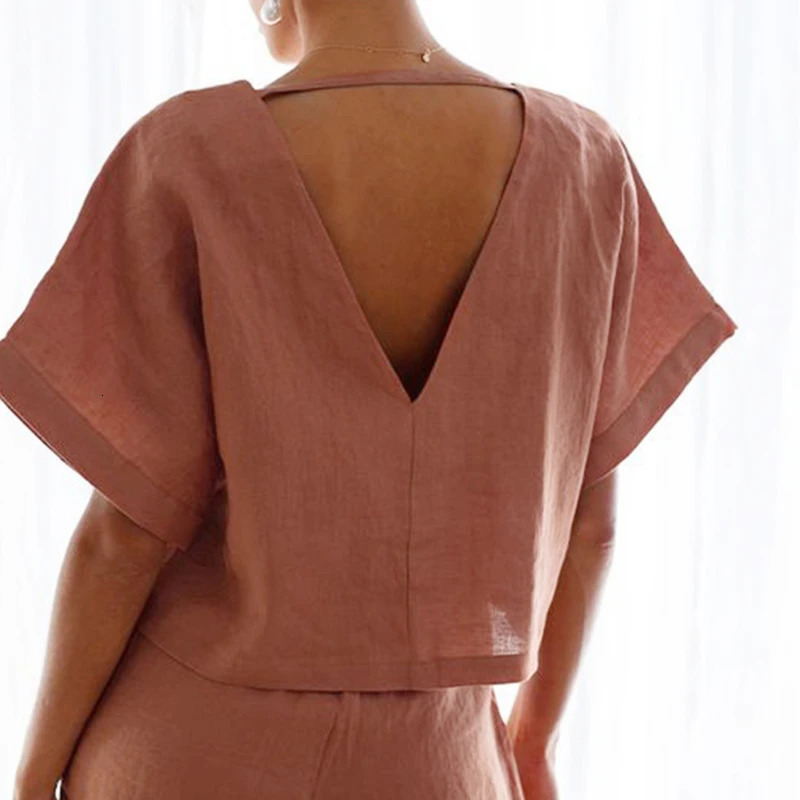 100% Linen V-Neck Backless Tops Women 2025 Casual Half Sleeve T-Shirt Solid Color Harajuku Loose Summer T-Shirt 250530