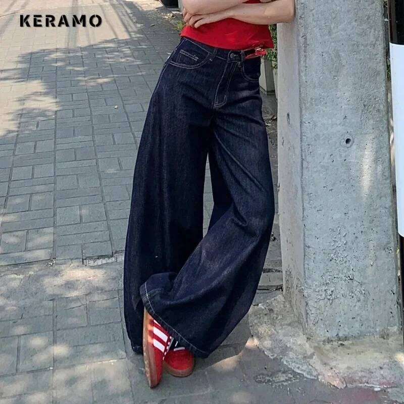 Women's Y2k Solid Color Denim Trouser Washed Vintage Casual Classic Emo Pants Female Grunge Waist High Street Retro Jeans