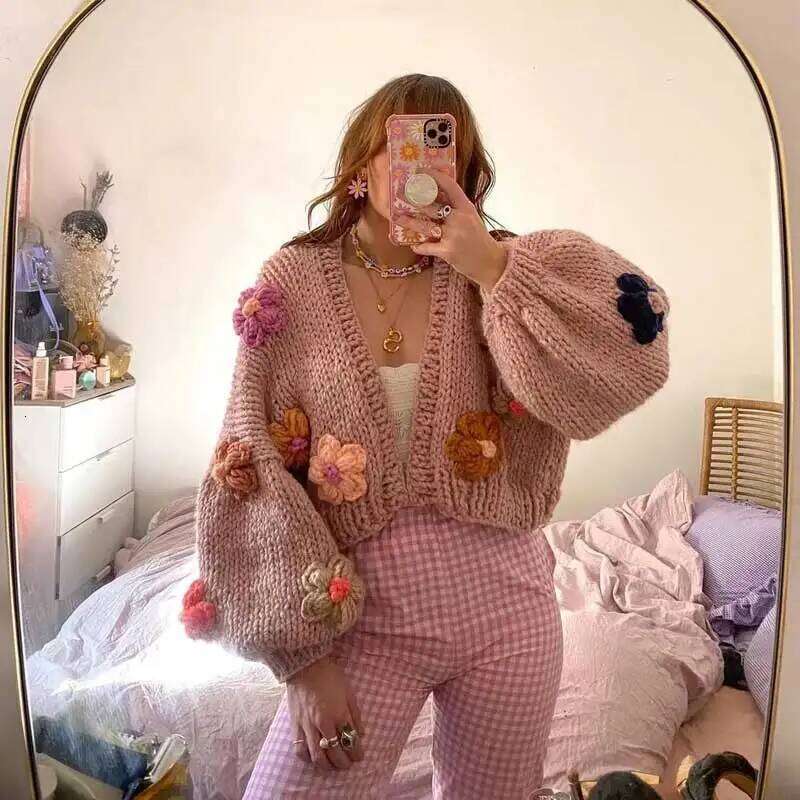 Boho Inspired Winter Women's Cardigans Multicolor Knitted 3D Flowers Long Sleeve Loose Cardigan Coats Warm Sweaters 4 Colors