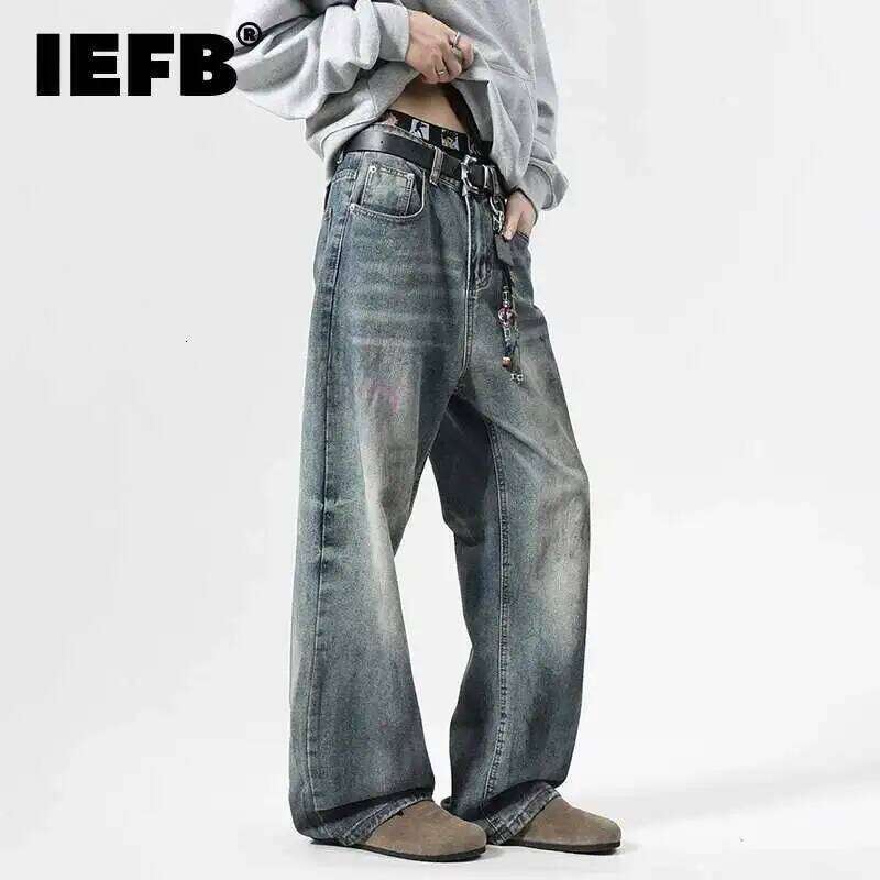 IEFB Spring New Men's Jeans Printing Contrast Color Straight Casual Korean Style Washing Loose Wide Leg Male Denim Pants 9W586