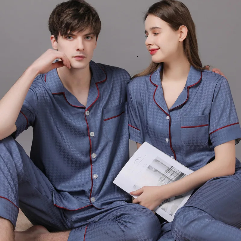 High Quality Couple Pajamas Suit Summer Short Sleeve Long Pant Home Cloth Men Ice Silk Thin Satin Large Size Sleepwear Set Women 250526