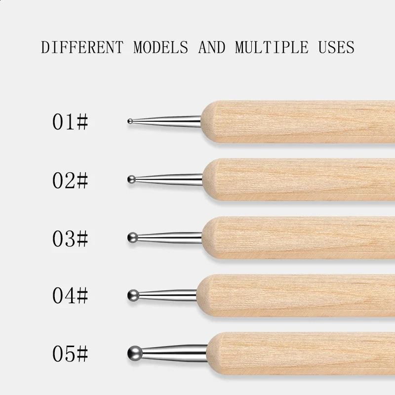 RHJB Nail Point Drill Pen Wooden Pen Bar Stirring Nail Polish Draw Five Petals Flower Polka Dot Double Head Stainless Bar Pen 250528