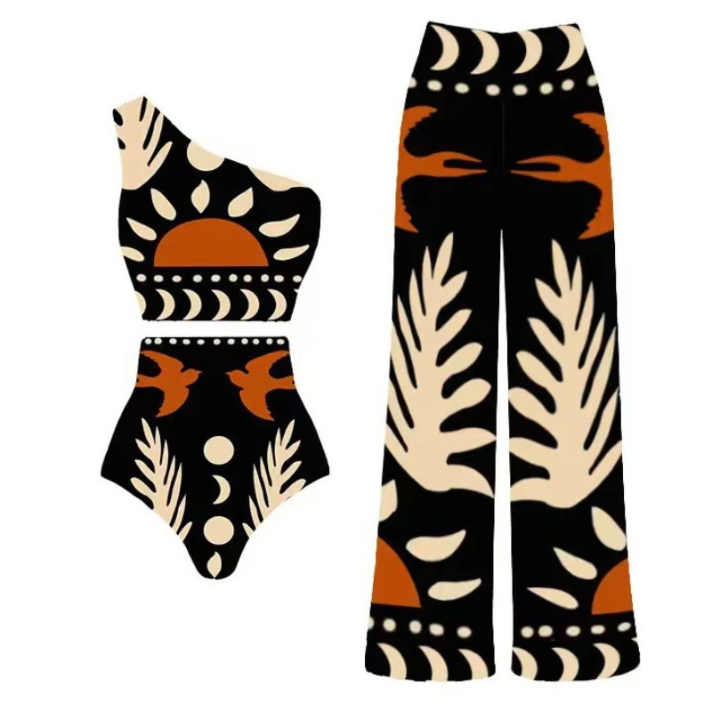 Printed One Piece Swimsuit Women Bikini with Beach Set One Shoulder High Waist Split Swimwear Brazilian Biquini Bathing Suit 250530
