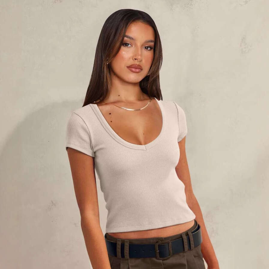 New Solid Color Slim Fit Cropped Sleeve Top Summer Short T-Shirt V-Neck Ribbed Knit Women's Clothing