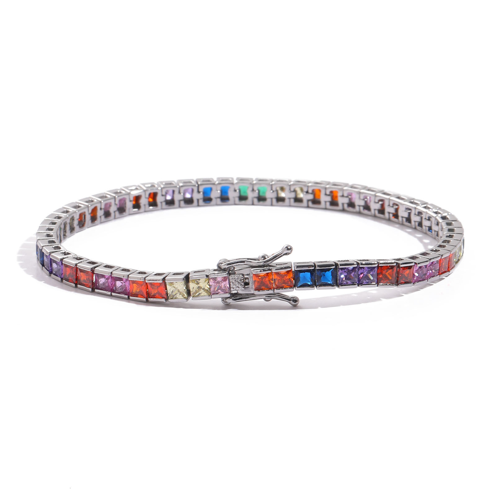 Hip Hop Bracelet 4 * 4mm Colorful Square Moissanite Tennis Chain Copper Inlaid Mens Hip Hop Jewelry moissanite