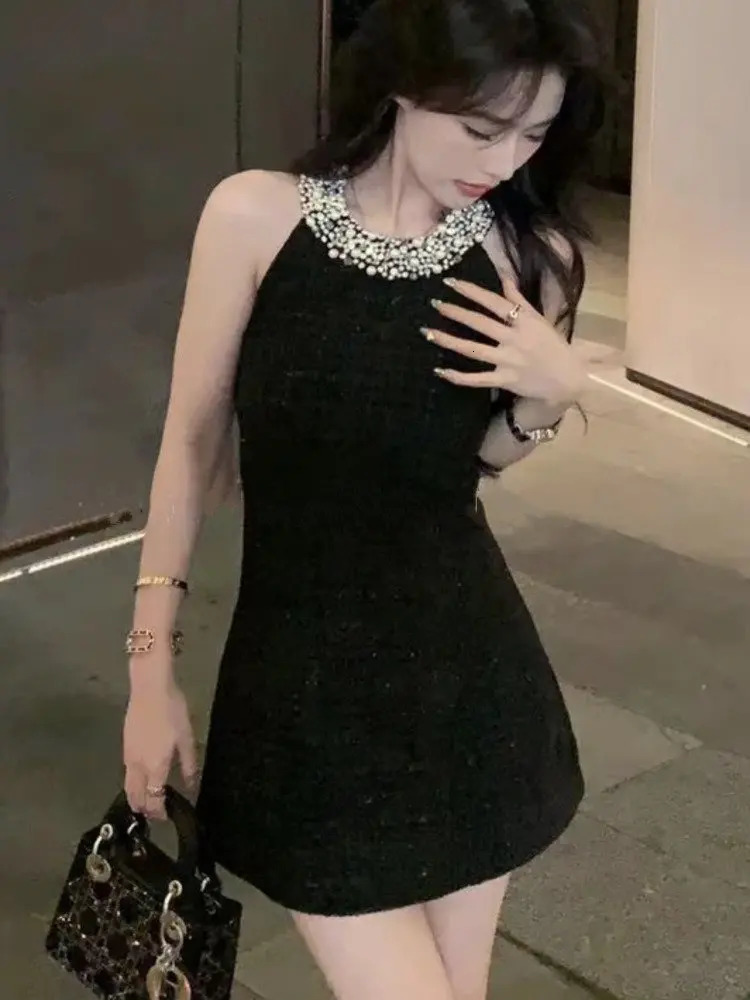 Korean Sweet Tweed Small Fragrance Tweed Dresses For Women Fashion Beading Summer Dress sweet Sexy Party Dress 250529