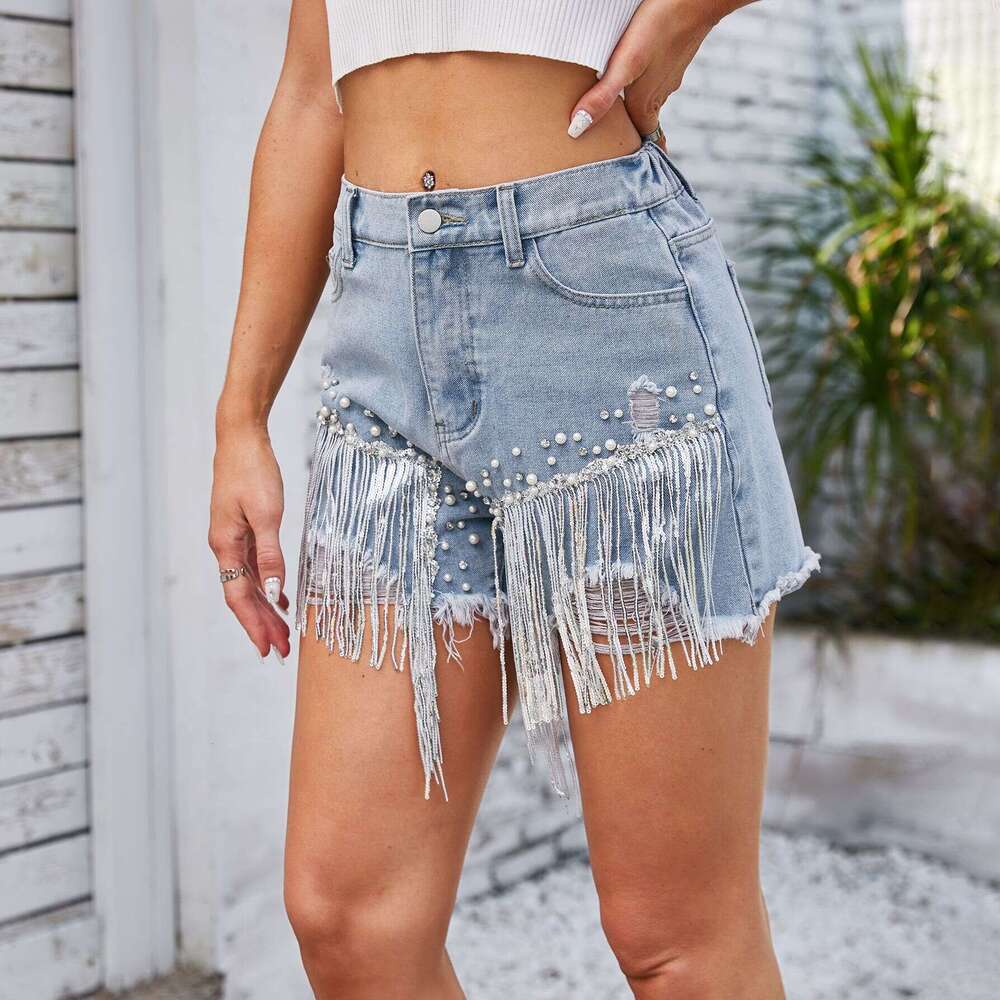 Denim Shorts Jeans Shorts Summer New Washed Rhinestone Beaded Denim Shorts With Fringes Hot Pants Ripped Short Jeans
