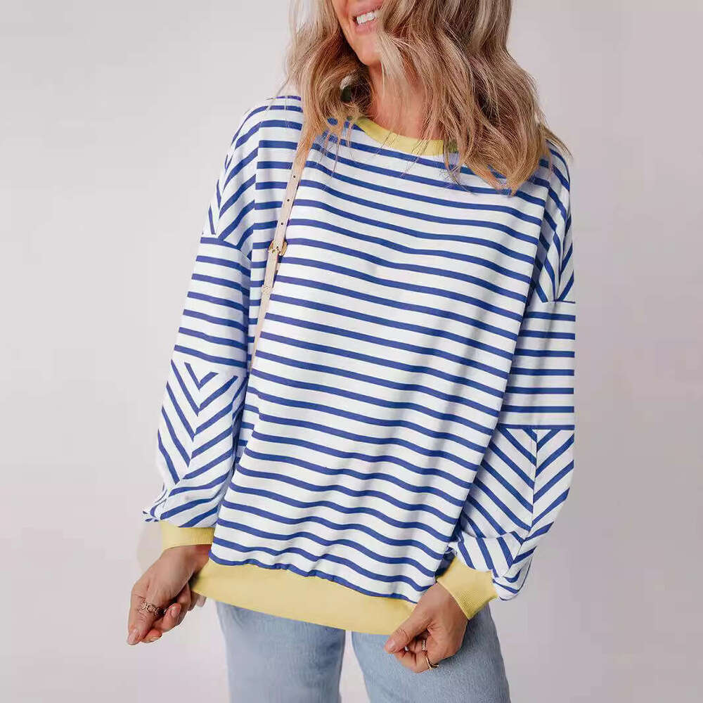 Autumn Winter New Striped Crewneck Sweatshirt for Women Versatile Warm Pullover Long Sleeve Top