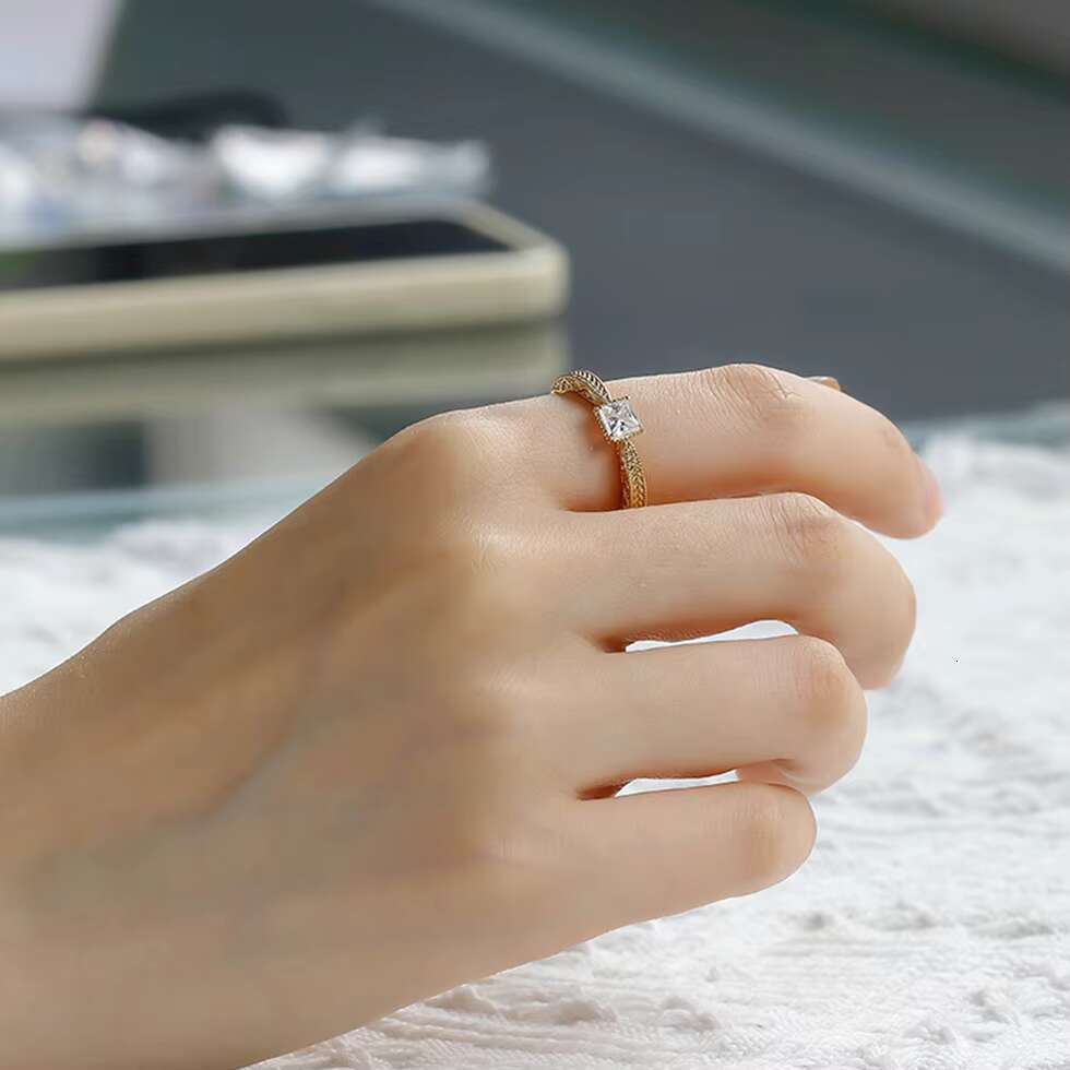 925 Sterling Silver 14K Gold Plated Gemstone Retro Style Geometric Square Moissanite Zircon Ring