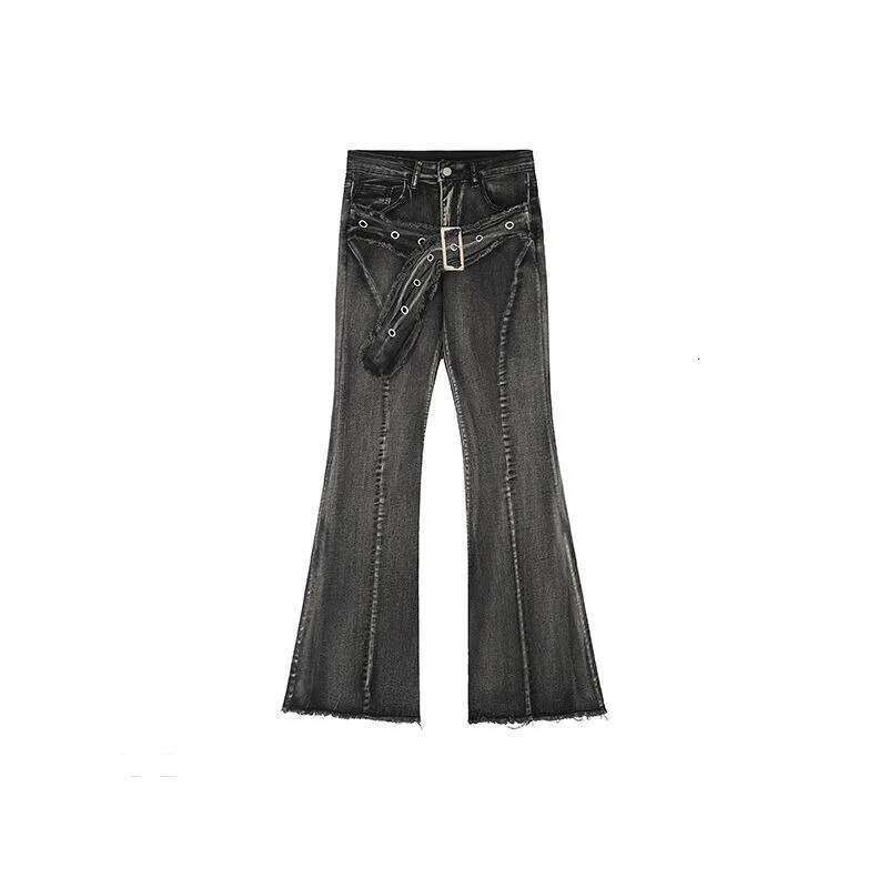Y2k High Street Washed Black Micro Flared Jeans For Women Spring Hot Girl Belt Frayed Edge Design Slimming And Wide Leg Pants