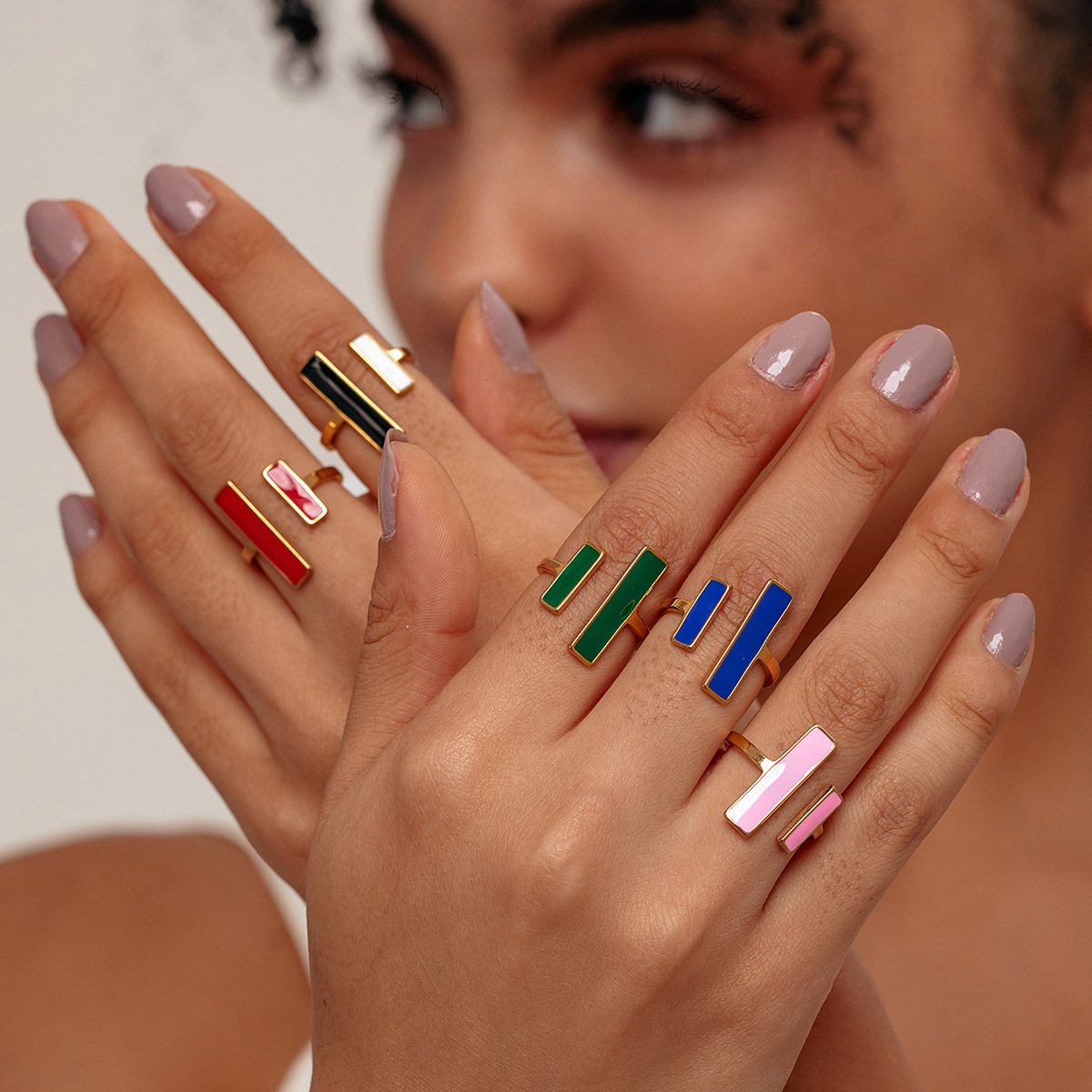 High-End Oil Drip Double Vertical Opening Ring Fashion Women's Color-Blocking Non-Fading Hand Jewelry