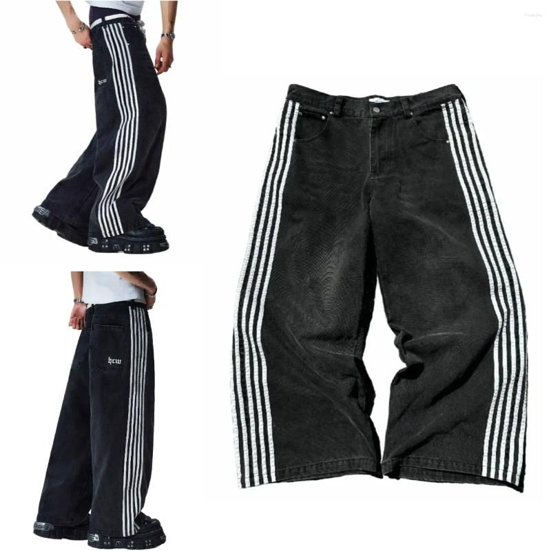Men's Designer Jeans Baggy Harajuku Goth For Men Black Striped Hip Hop Embroidered Wide Leg Denim Pants High Street Streetwear