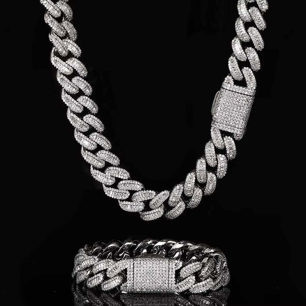 Men 15mm Box Button Miami Cuban Jewelry Frozen Full CZBaguette Necklace Chain