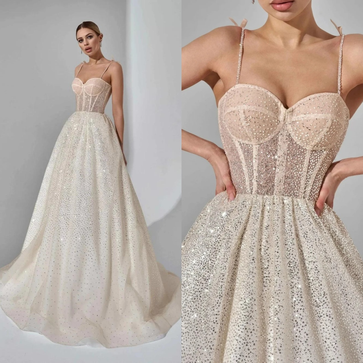 Simple A Line Wedding Dress For Women Sweetheart Neck Spaghetti Straps Bridal Gown Sequins Sweep Train Dresses Custom Made vestidos de novia