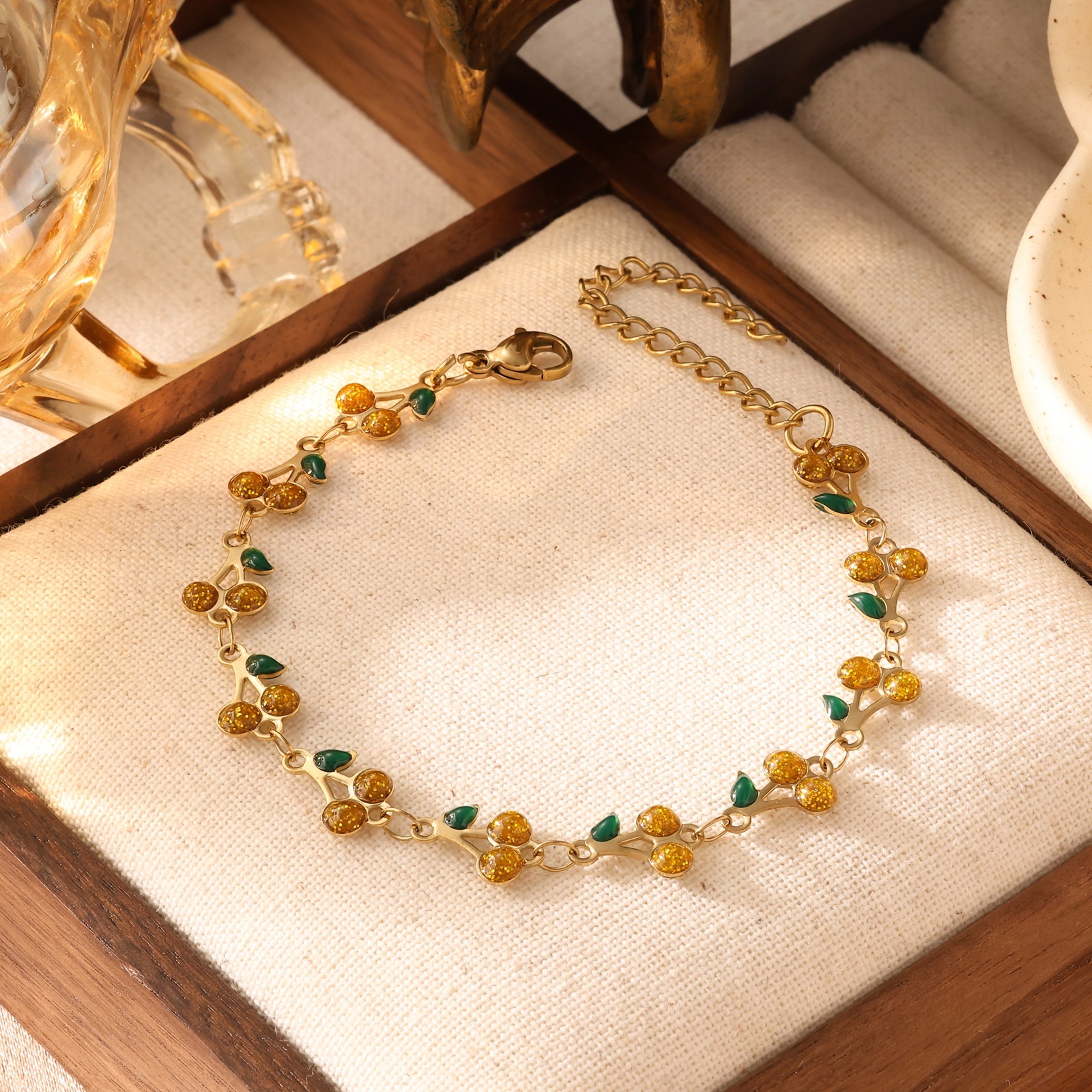 Gold Plated Enamel Cherry Bracelet Necklace Ins Stainless Steel Jewelry